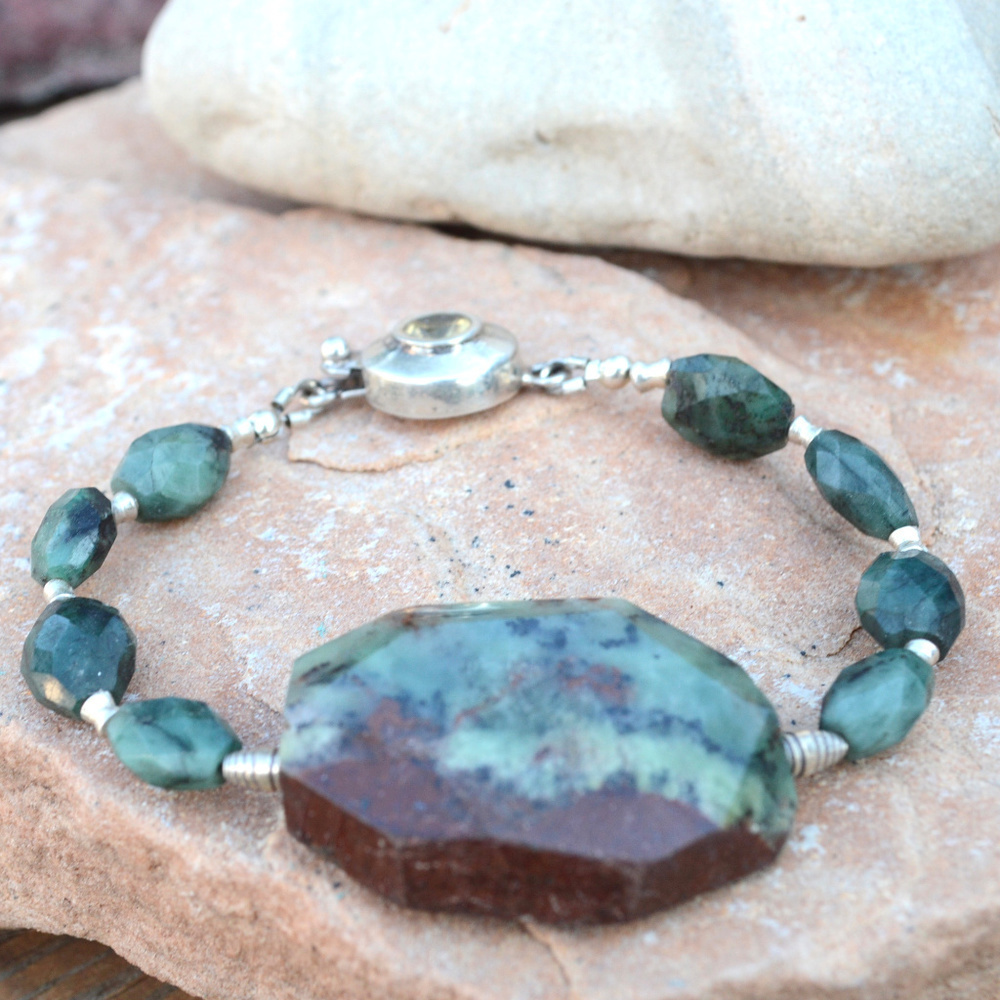 Chrysoprase and Genuine Emerald Sterling Silver Bracelet 925 Citrine  Gemstone